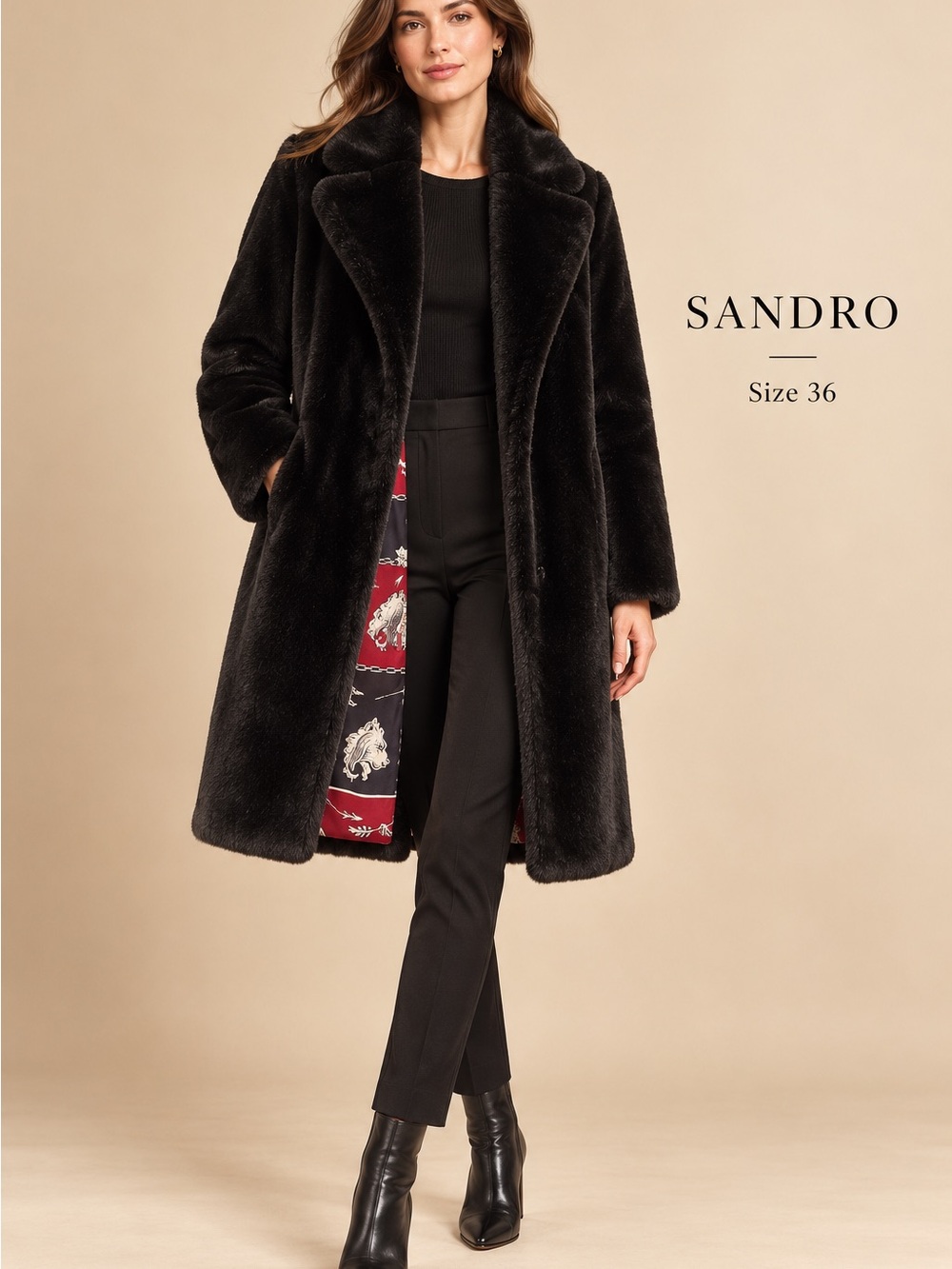 Sandro Black Faux Fur Pea Coat with Red Lining
